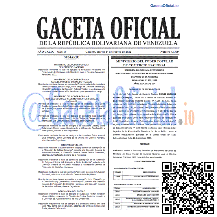 Gaceta Oficial 42309 del 2 febrero 2022 Gaceta Oficial 42309 del 2 febrero 2022