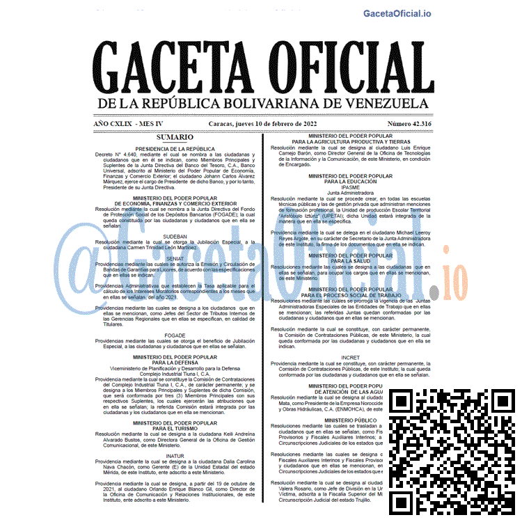 Gaceta Oficial 42316 del 10 febrero 2022 Gaceta Oficial 42316 del 10 febrero 2022