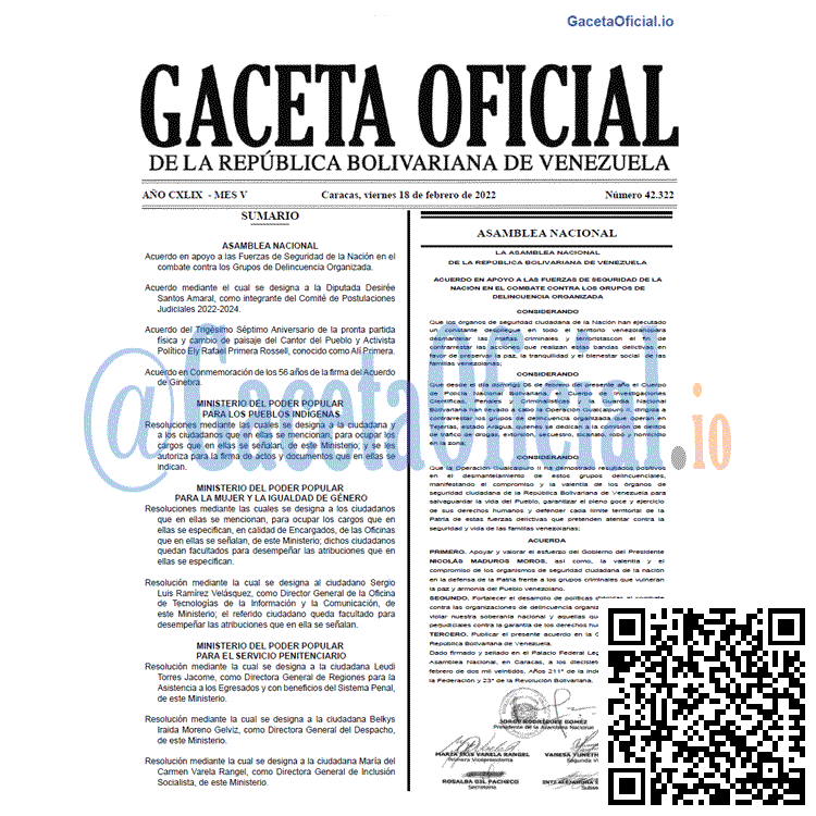 Gaceta Oficial 42322 del 18 febrero 2022
