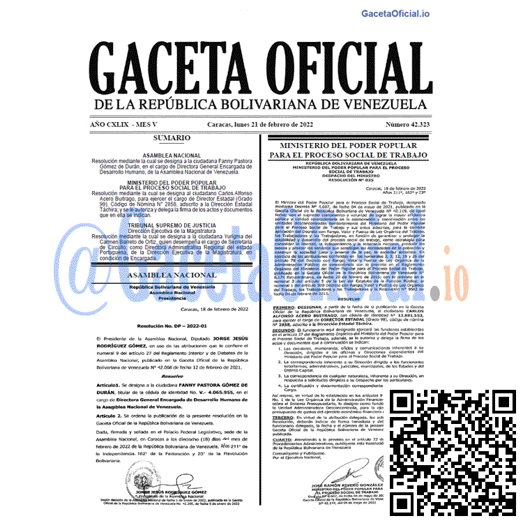 Gaceta Oficial 42323 del 21 febrero 2022 Gaceta Oficial 42323 del 21 febrero 2022