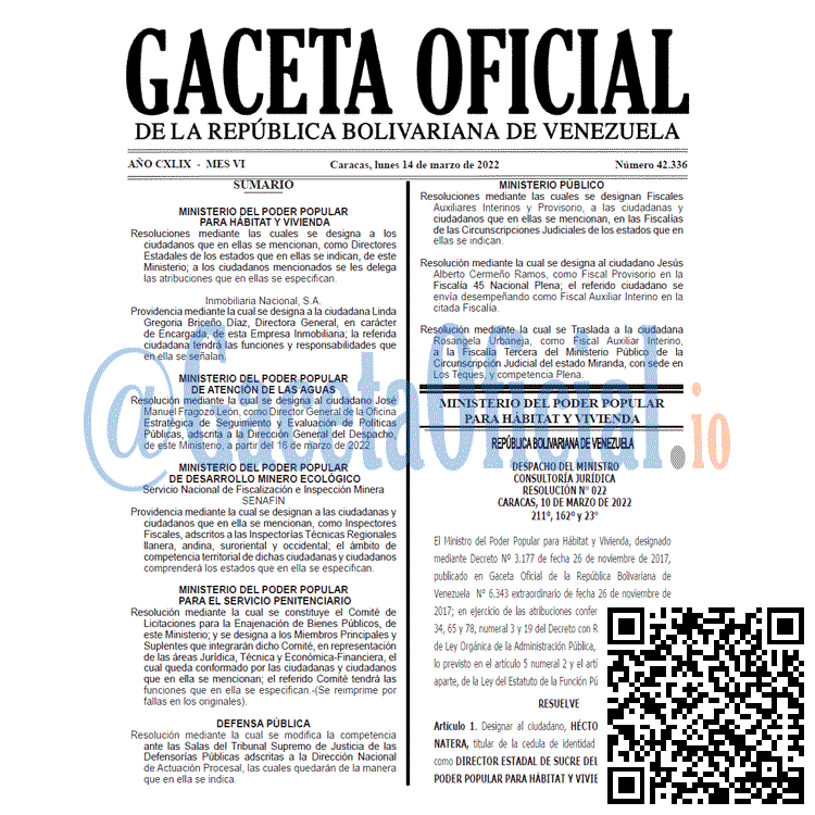 Gaceta Oficial 42336 del 14 marzo 2022 Gaceta Oficial 42336 del 14 marzo 2022