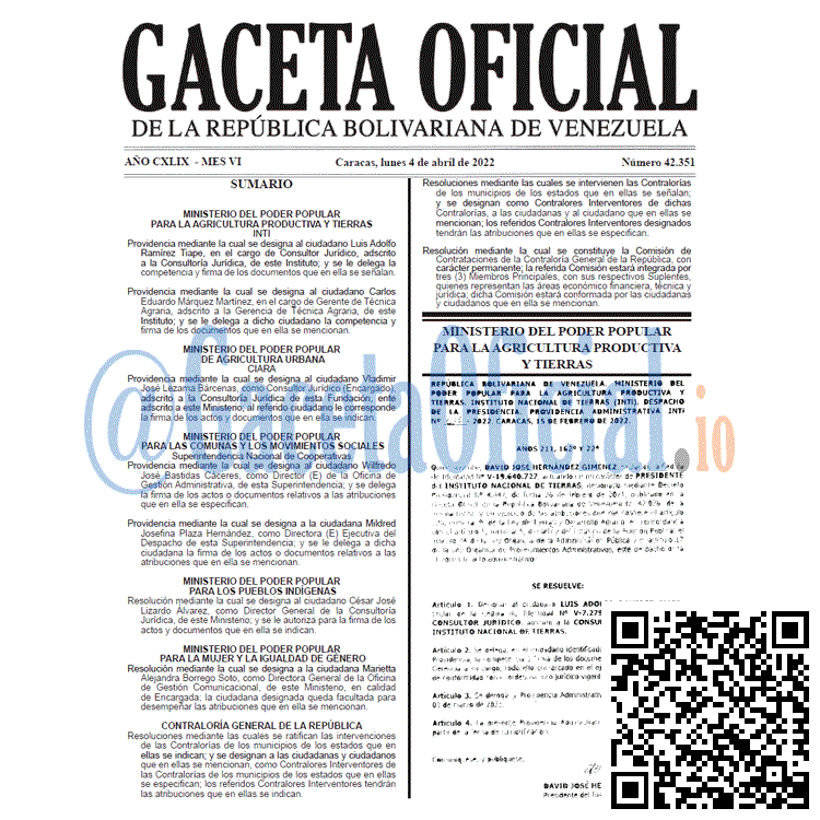 Gaceta Oficial 42351 del 4 abril 2022 Gaceta Oficial 42351 del 4 abril 2022