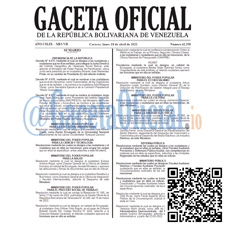 Venezuela Gaceta Oficial 42358 del 18 abril 2022 Venezuela Gaceta Oficial 42358 del 18 abril 2022
