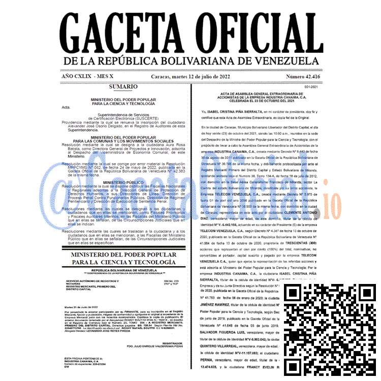 Venezuela Gaceta Oficial 42416 del 12 julio 2022 Venezuela Gaceta Oficial 42416 del 12 julio 2022