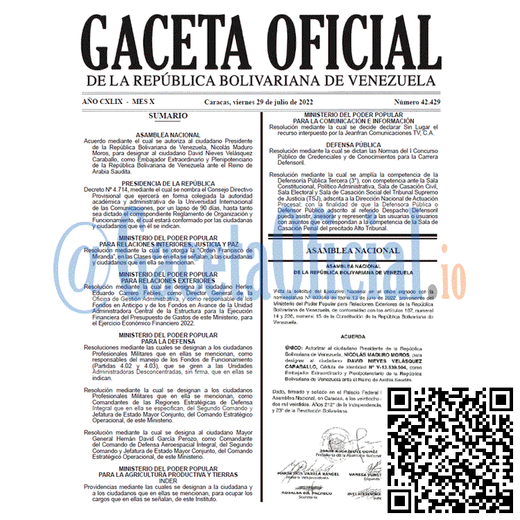 Venezuela Gaceta Oficial 42429 del 29 julio 2022