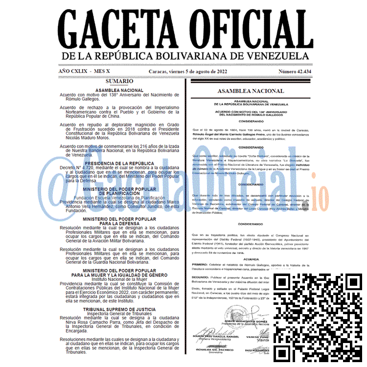 Venezuela Gaceta Oficial 42434 del 5 agosto 2022