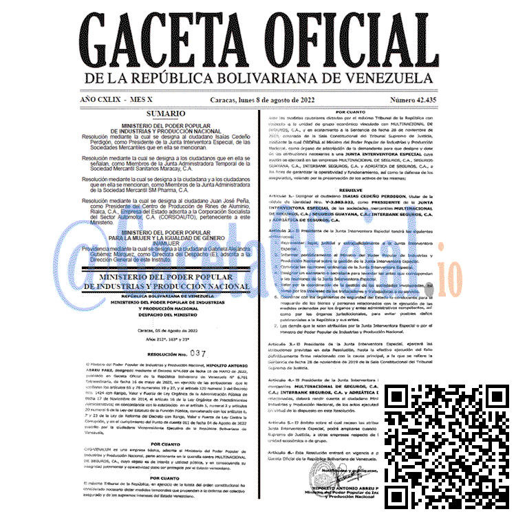 Venezuela Gaceta Oficial 42435 del 8 agosto 2022