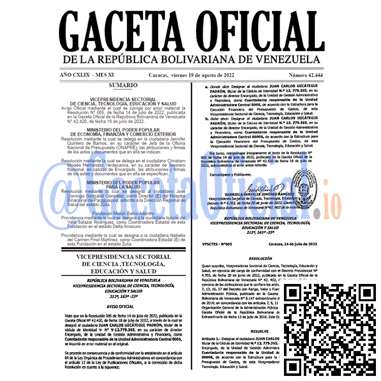 Venezuela Gaceta Oficial 42444 del 19 agosto 2022 Venezuela Gaceta Oficial 42444 del 19 agosto 2022
