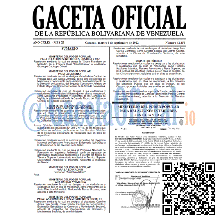Venezuela Gaceta Oficial 42456 del 6 septiembre 2022