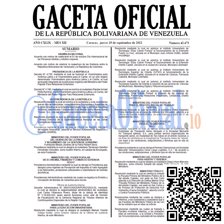 Venezuela Gaceta Oficial 42473 del 29 septiembre 2022