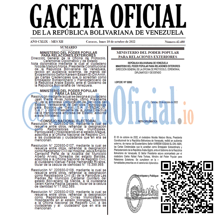 Gaceta Oficial Venezuela 42480 del 10 octubre 2022
