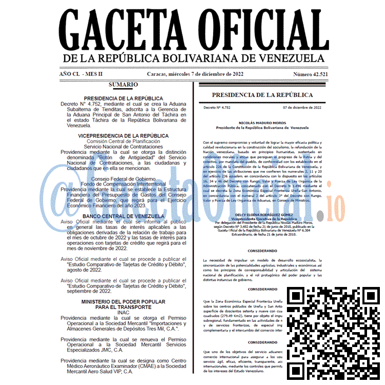 Venezuela Gaceta Oficial 42521 del 07 diciembre 2022 Gaceta Oficial, Gaceta 42521, Gaceta #42521, Gaceta Oficial Venezuela #42521