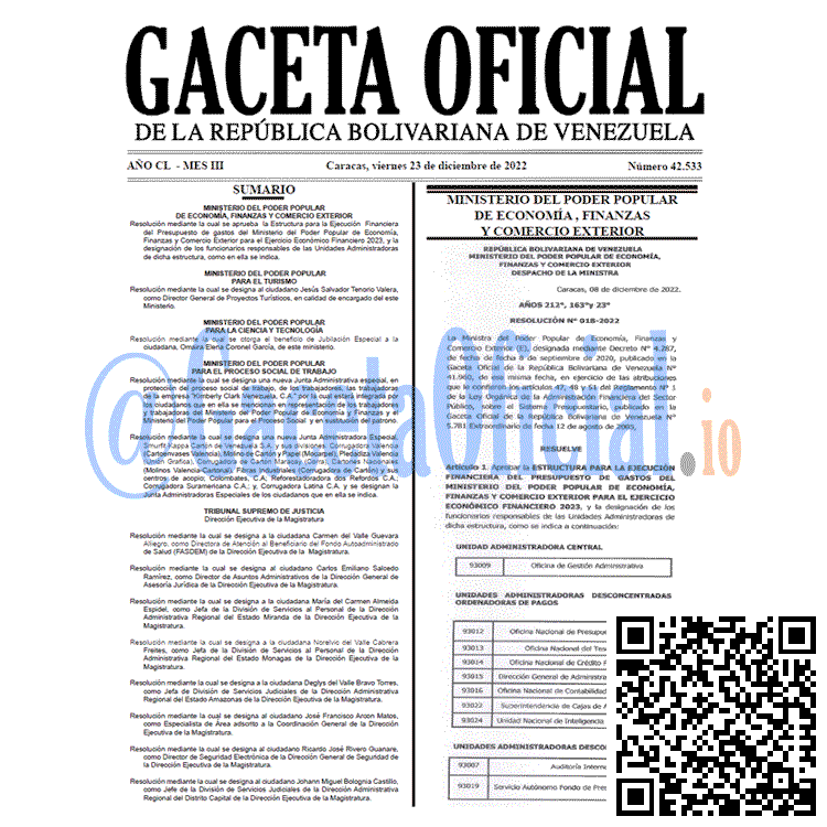 Venezuela Gaceta Oficial 42533 del 23 diciembre 2022 Gaceta Oficial, Gaceta 42533, Gaceta #42533, Gaceta Oficial Venezuela #42533