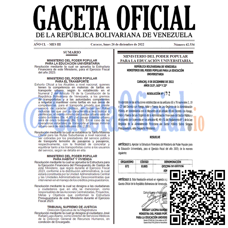 Venezuela Gaceta Oficial 42534 del 26 diciembre 2022 Gaceta Oficial, Gaceta 42534, Gaceta #42534, Gaceta Oficial Venezuela #42534