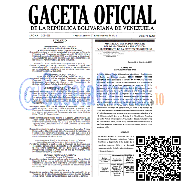 Venezuela Gaceta Oficial 42535 del 27 diciembre 2022 Gaceta Oficial, Gaceta 42535, Gaceta #42535, Gaceta Oficial Venezuela #42535
