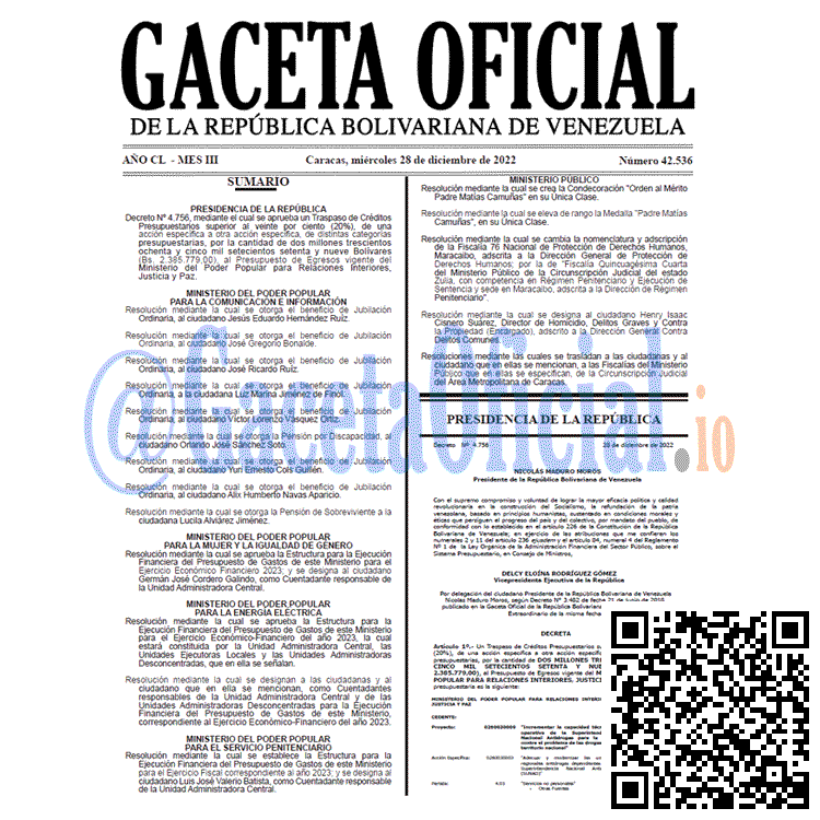 Venezuela Gaceta Oficial 42536 del 28 diciembre 2022 Gaceta Oficial, Gaceta 42536, Gaceta #42536, Gaceta Oficial Venezuela #42536