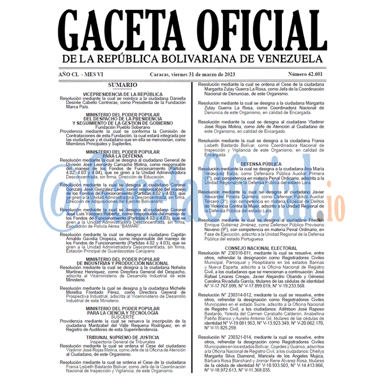 Gaceta Oficial, Gaceta 42601, Gaceta #42601, Gaceta Oficial Venezuela #42601