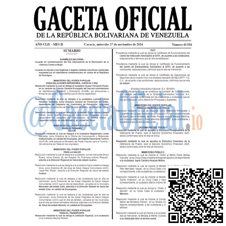 Venezuela Gaceta Oficial 43016 del 27 noviembre 2024 Gaceta Oficial, Gaceta 43016, Gaceta 43016 HD, Gaceta #43016, Gaceta Oficial Venezuela #43016
