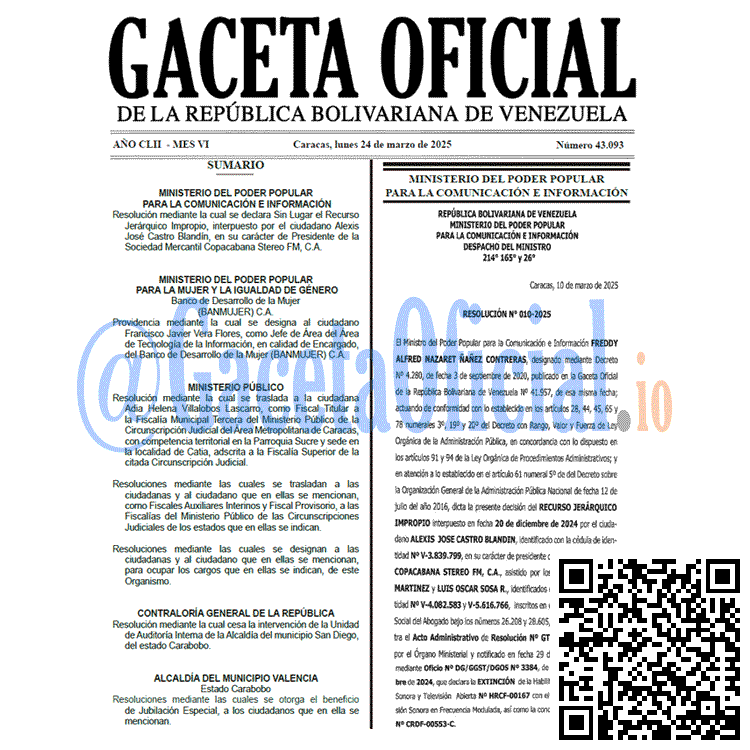 Venezuela Gaceta Oficial 43093 del 24 marzo 2025 Gaceta Oficial, Gaceta 43093, Gaceta 43093 HD, Gaceta #43093, Gaceta Oficial Venezuela #43093