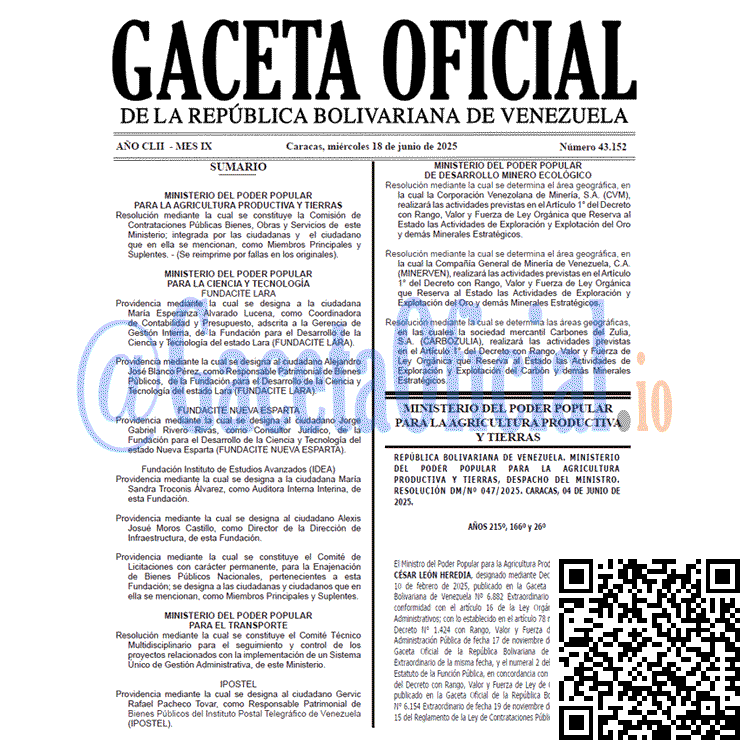 Venezuela Gaceta Oficial 43152 del 18 junio 2025 Gaceta Oficial, Gaceta 43152, Gaceta 43152 HD, Gaceta #43152, Gaceta Oficial Venezuela #43152