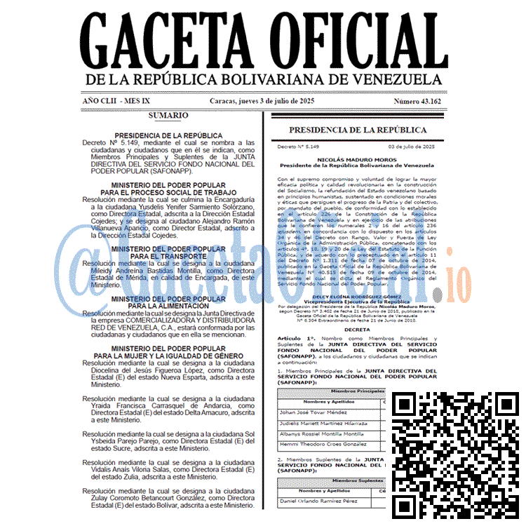 Venezuela Gaceta Oficial 43162 del 3 julio 2025 Gaceta Oficial, Gaceta 43162, Gaceta 43162 HD, Gaceta #43162, Gaceta Oficial Venezuela #43162