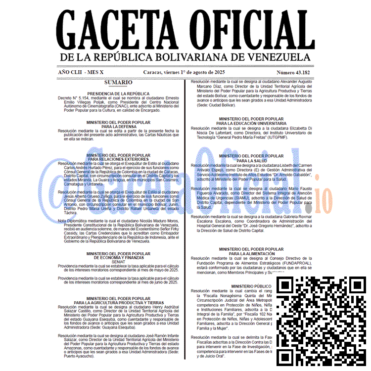 Venezuela Gaceta Oficial 43182 del 1 agosto 2025 Gaceta Oficial, Gaceta 43182, Gaceta 43182 HD, Gaceta #43182, Gaceta Oficial Venezuela #43182