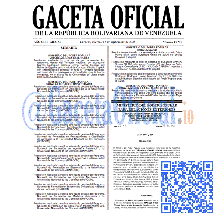 Venezuela Gaceta Oficial 43205 del 3 septiembre 2025 Gaceta Oficial, Gaceta 43205, Gaceta 43205 HD, Gaceta #43205, Gaceta Oficial Venezuela #43205