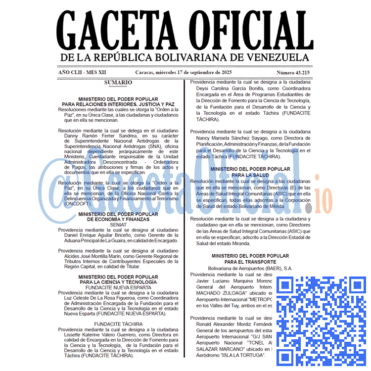 Gaceta Oficial, Gaceta 43215, Gaceta 43215 HD, Gaceta #43215, Gaceta Oficial de Venezuela #43215