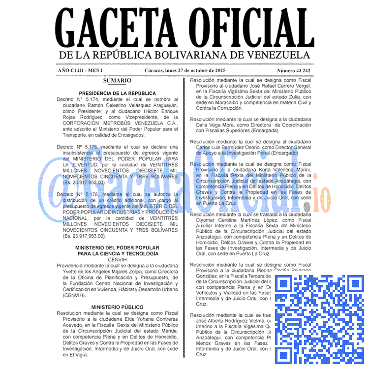 Venezuela Gaceta Oficial 43242 del 27 octubre 2025 Gaceta Oficial, Gaceta 43242, Gaceta 43242 HD, Gaceta #43242, Gaceta Oficial Venezuela #43242