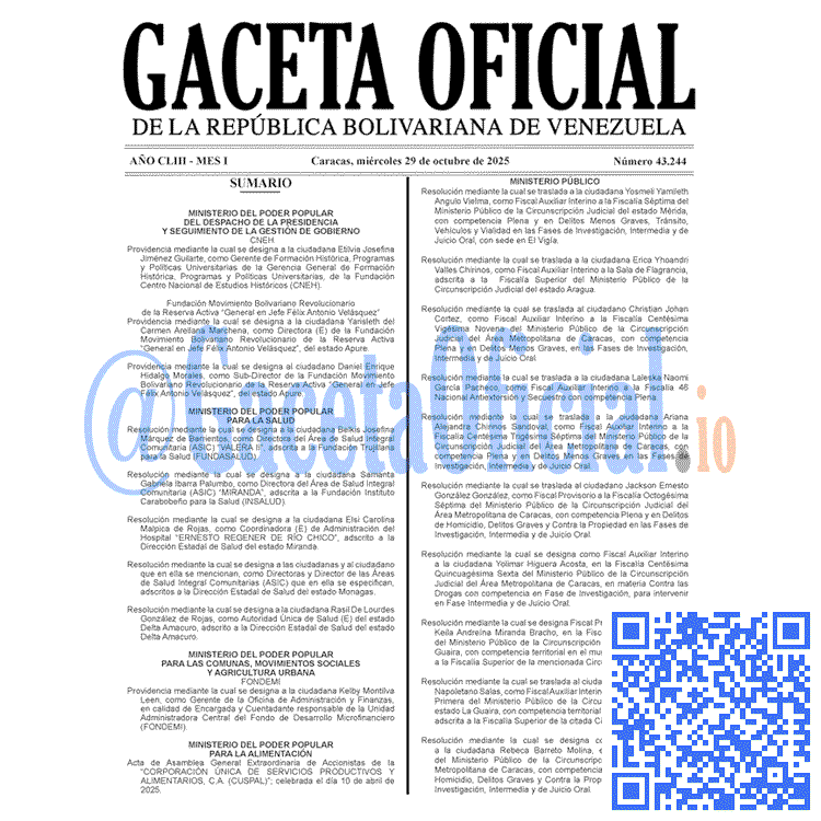 Venezuela Gaceta Oficial 43244 del 29 octubre 2025 Gaceta Oficial, Gaceta 43244, Gaceta 43244 HD, Gaceta #43244, Gaceta Oficial Venezuela #43244
