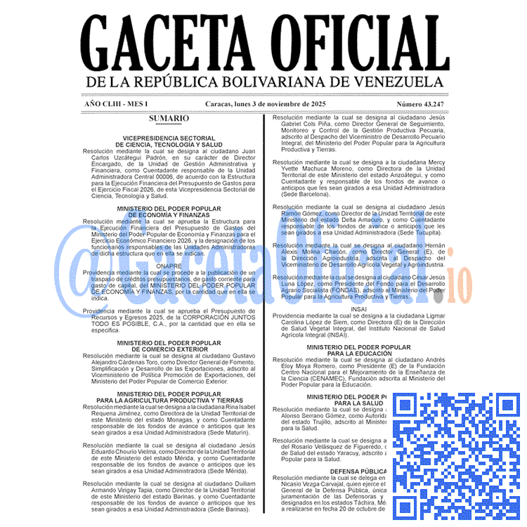 Venezuela Gaceta Oficial 43247 del 3 noviembre 2025 Gaceta Oficial, Gaceta 43247, Gaceta 43247 HD, Gaceta #43247, Gaceta Oficial Venezuela #43247