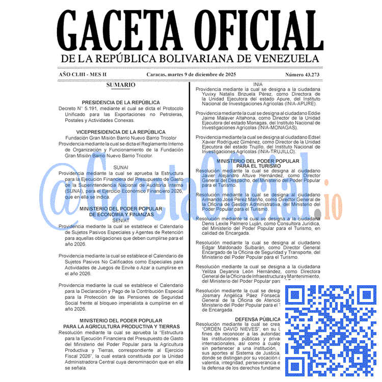 Gaceta Oficial, Gaceta 43273, Gaceta 43273 HD, Gaceta #43273, Gaceta Oficial Venezuela #43273