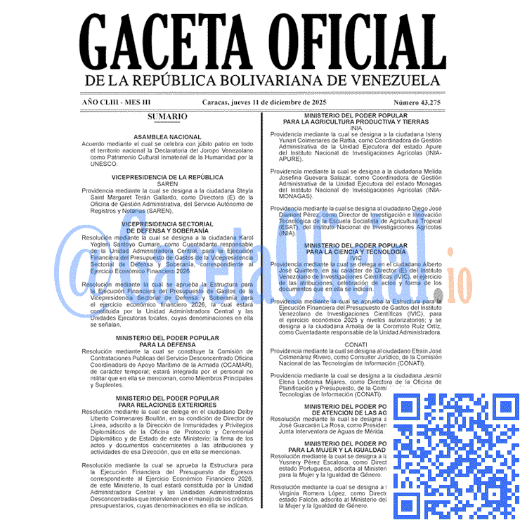 Venezuela Gaceta Oficial 43275 del 11 diciembre 2025 Gaceta Oficial, Gaceta 43275, Gaceta 43275 HD, Gaceta #43275, Gaceta Oficial Venezuela #43275