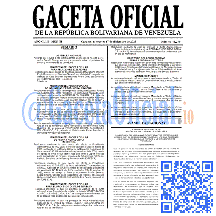 Venezuela Gaceta Oficial 43279 del 17 diciembre 2025 Gaceta Oficial, Gaceta 43279, Gaceta 43279 HD, Gaceta #43279, Gaceta Oficial Venezuela #43279