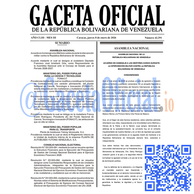 Venezuela Gaceta Oficial 43291 del 8 enero 2026 Gaceta Oficial, Gaceta 43291, Gaceta 43291 HD, Gaceta #43291, Gaceta Oficial Venezuela #43291