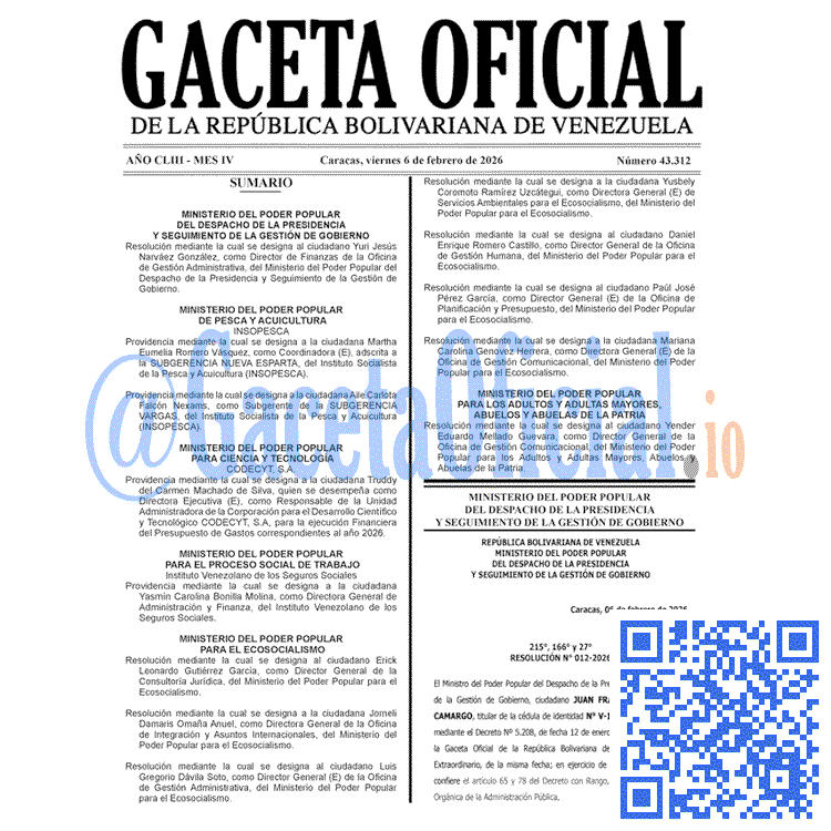 Venezuela Gaceta Oficial 43312 del 6 febrero 2026 Gaceta Oficial, Gaceta 43312, Gaceta 43312 HD, Gaceta #43312, Gaceta Oficial Venezuela #43312