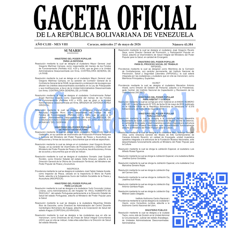 Venezuela Gaceta Oficial 43384 del 27 mayo 2026 Gaceta Oficial, Gaceta 43384, Gaceta 43384 HD, Gaceta #43384, Gaceta Oficial Venezuela #43384