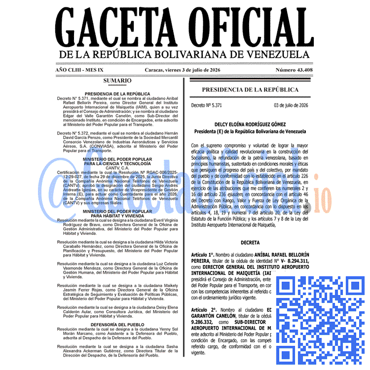 Venezuela Gaceta Oficial #43408 del 3 julio 2026 Gaceta Oficial, Gaceta 43408, Gaceta 43408 HD, Gaceta #43408, Gaceta Oficial Venezuela #43408