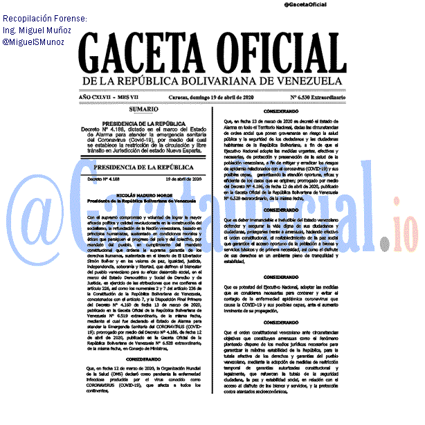Gaceta Oficial 6530 del 19 abril 2020 Gaceta Oficial 6530 del 19 abril 2020