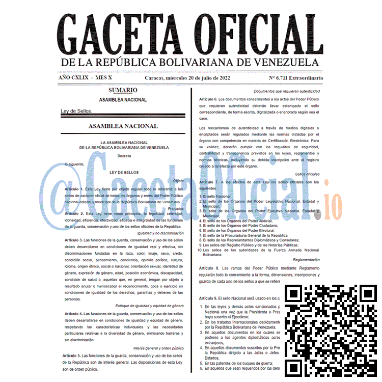 Venezuela Gaceta Oficial 6711 del 20 julio 2022
