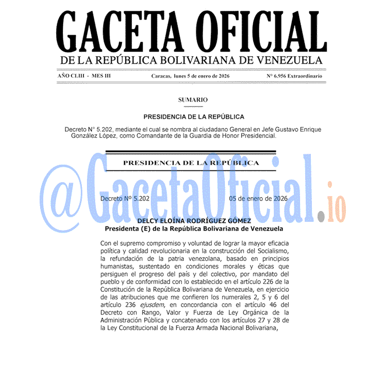 Venezuela Gaceta Oficial 6956 del 5 enero 2026 Gaceta Oficial, Gaceta 6956, Gaceta 6956 HD, Gaceta #6956, Gaceta Oficial Venezuela #6956