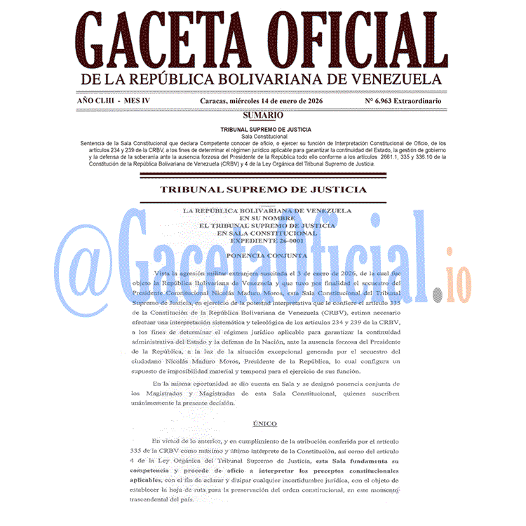 Venezuela Gaceta Oficial 6963 del 14 enero 2026 Gaceta Oficial, Gaceta 6963, Gaceta 6963 HD, Gaceta #6963, Gaceta Oficial Venezuela #6963